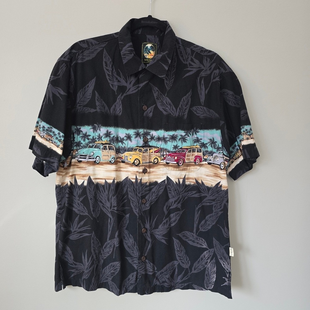 Koko Island Hawaiian Shirt L Black Cotton Woodie Car Surf Aloha Vintage Novelty